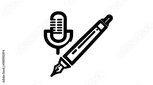 Creative Content Creation Icon: Microphone and Fountain Pen Symbolizing Podcasting, Writing, Communication, and Media Production.