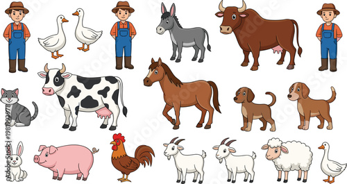 Comprehensive Farm Animal and Farmer Character Vector Set Featuring Cow Horse Pig Sheep Goat Rooster and Dog for Agricultural Education and Nursery Graphic Designs