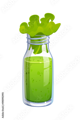 Cartoon glass bottle with healthy green smoothie drink. Green shake beverage in a tall glass bottle with leafy greens at the top. Healthy vegan drink with spinach and celery for health and energy
