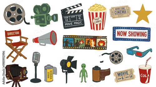 Collection of vintage and modern cinema elements and movie production icons for film entertainment and filmmaking concept
