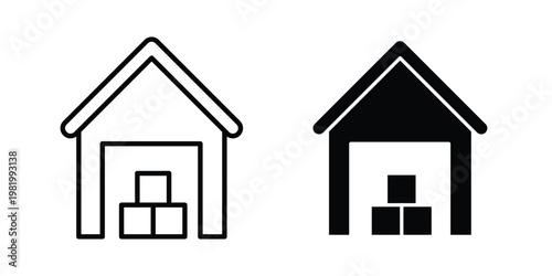 Warehouse icon editable vector pack. Black flat and line symbols
