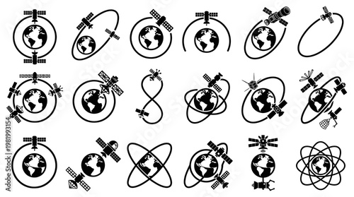 Global Communication Space Satellite and Earth Orbit Line Art Icons Collection