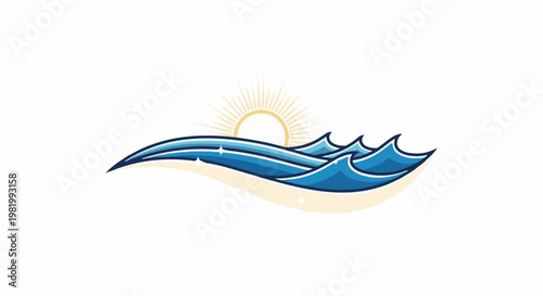 Stylized sun setting over blue ocean waves on a tan shore