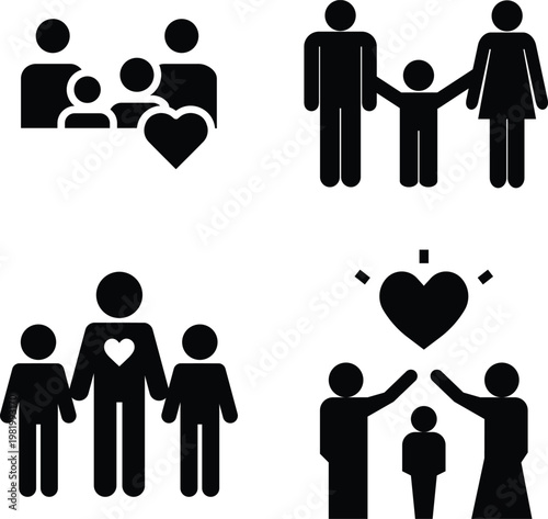 Parents, Children, and Grandparents Family Life Glyph Icons and Family, Love, and Generational Care Solid Silhouette Vector Icon Set
