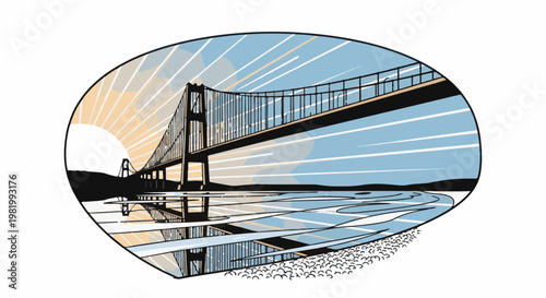 Stylized suspension bridge reflected in calm water under a bright sun