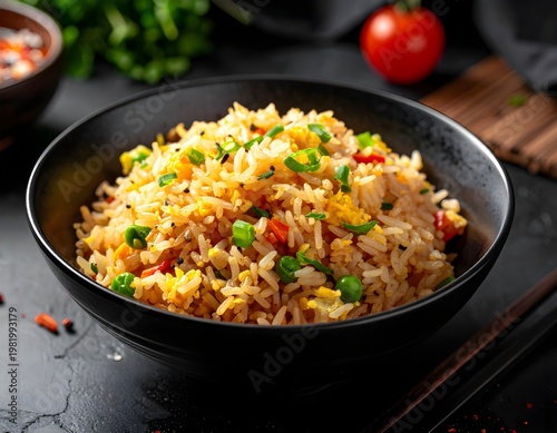 Cinematic UHD Fried Rice in Dark Ceramic Bowl with Low Key Lighting