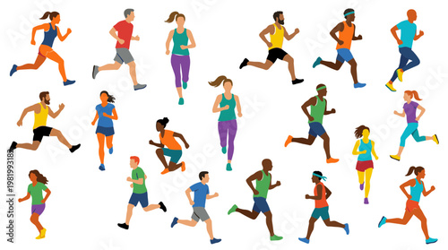 Diverse group of people running together in a stylized illustration, promoting fitness and healthy lifestyle