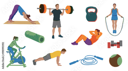 Diverse group of people engaged in various fitness activities and exercises with gym equipment, promoting a healthy lifestyle and active living.