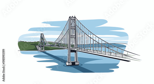 Stylized suspension bridge spanning a body of water beneath a cloudy sky