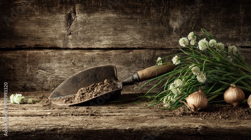 Rustic wooden surface displays gardening tools and fresh allium bulbs with green stems and white blossoms