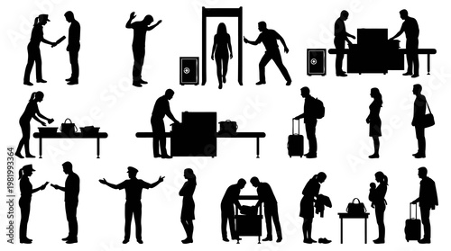 Airport Security Checkpoint Glyphs: Travel Procedures, Passenger Screening Silhouettes
