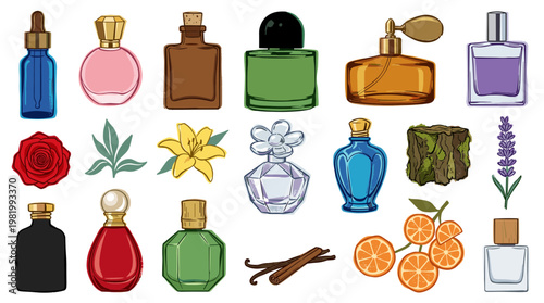 Collection of Perfume Bottles Essential Oils Flowers and Fruits for Fragrance and Beauty Products