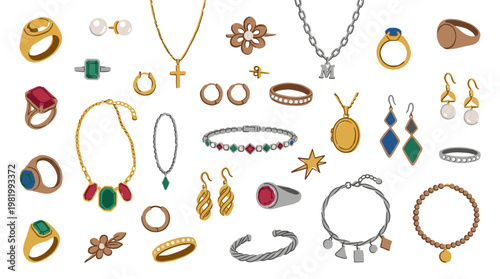 Collection of exquisite jewelry pieces including rings necklaces earrings bracelets and pendants showcasing gemstones and precious metals on a white background