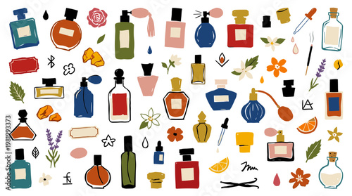 Collection of assorted perfume bottles and fragrance elements in a colorful doodle art style, perfect for beauty and cosmetic themes.
