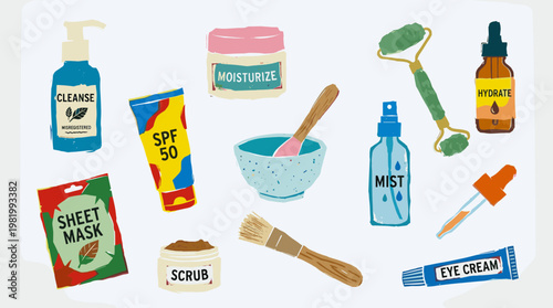 Aesthetic collection of skincare products and beauty tools for a healthy facial routine including cleanser moisturizer serum and face roller