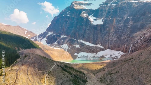 Jasper Alberta aerial view of Cavell Lake Trail showcasing turquoise water and mountain landscape