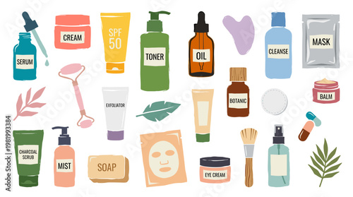 Collection of skincare products and beauty tools for a healthy facial routine including serums oils cleansers masks and rollers