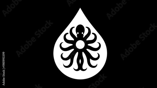 Minimalist graphic icon featuring a stylized black octopus inside a white water drop shape on a dark background.