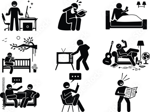 Everyday Life Activities and Human Behavior Pictogram Vector Icon Set