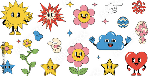 Cute Cartoon Doodle Elements Collection with Sun, Stars, Flowers, Cloud, Heart, and Abstract Shapes in Fun Vector Style