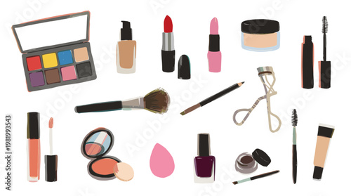 Collection of diverse makeup products and beauty tools arranged artistically for cosmetic application and personal grooming