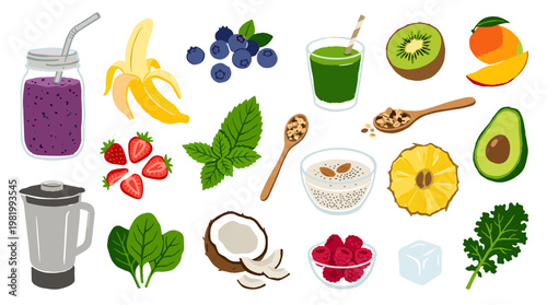 Vibrant assortment of fresh fruits and ingredients for healthy smoothies and juices displayed with a blender and glass of green smoothie