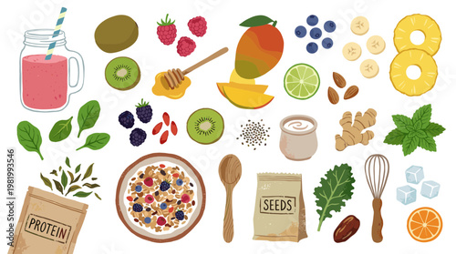 Healthy breakfast ingredients and smoothie preparation flat lay with fruits, seeds, protein powder, and dairy for a nutritious meal