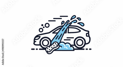 Stylized illustration of a car being washed with water and bubbles