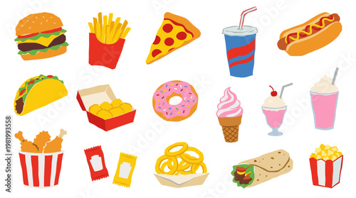 Collection of delicious fast food items including burgers, pizza, fries, tacos, donuts, and drinks, perfect for food blogs and restaurant menus