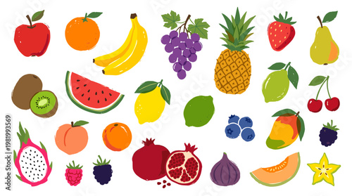 Vibrant Assortment of Fresh Exotic and Common Fruits in a Colorful Flat Illustration Style Perfect for Healthy Eating and Summer Themes