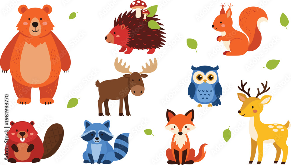 Naklejka premium Cute Whimsical Woodland Animal Vector Set Featuring Bear Hedgehog with Mushrooms Squirrel Moose Owl Deer Beaver Raccoon and Fox for Nursery and Autumn Graphic Designs