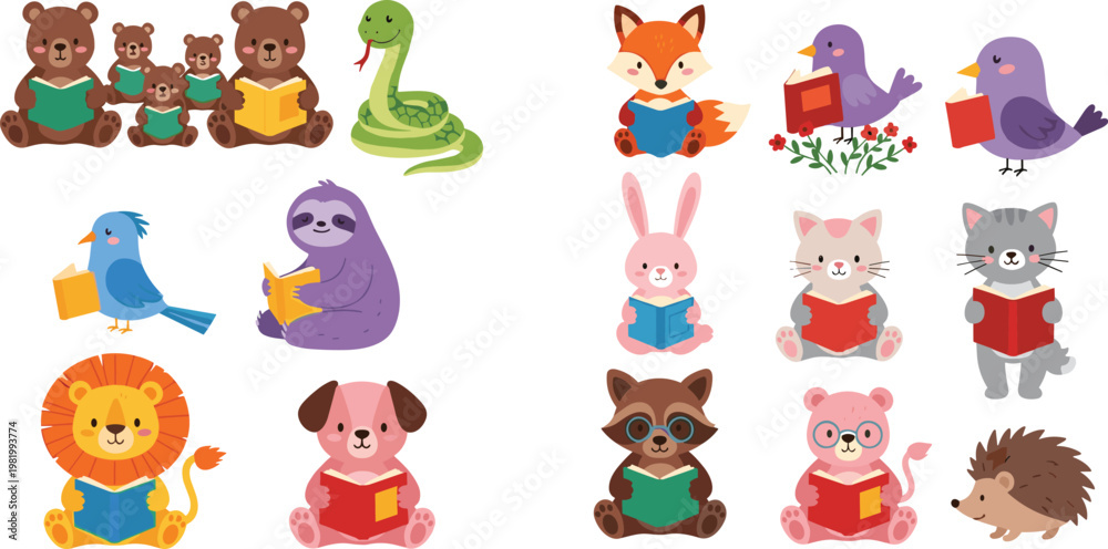 Fototapeta premium Large Educational Animal Character Vector Set with Cute Bear Fox Snake Sloth Lion Dog Rabbit Cat Raccoon and Hedgehog Reading Books for Nursery Decor