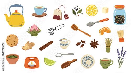 Assortment of tea related items and ingredients for a cozy tea time experience, including teapot, cups, tea bags, spices, and fruit slices