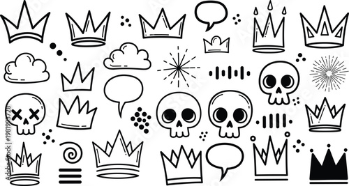 Hand Drawn Doodle Icons Collection with Crowns, Skulls, Speech Bubbles, and Abstract Elements in Bold Outline Vector Style