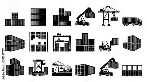 Black  White Logistics Shipping Containers Vector Glyph Icons Set - Cargo, Port, Transport