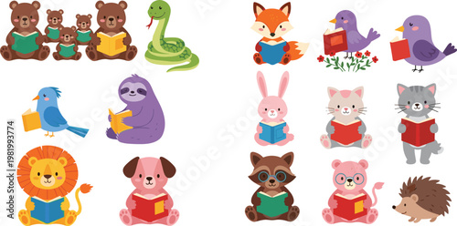 Large Educational Animal Character Vector Set with Cute Bear Fox Snake Sloth Lion Dog Rabbit Cat Raccoon and Hedgehog Reading Books for Nursery Decor