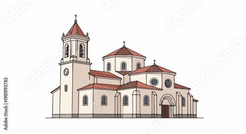 Stylized illustration of a church with bell tower and domes