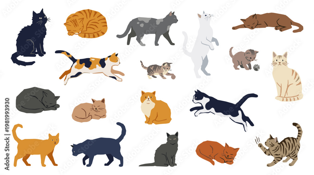 Obraz premium Diverse collection of playful and resting cats in various colors and poses, illustrating feline companionship and domestic pets in a charming artistic style.
