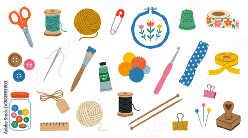 Collection of crafting and sewing supplies for hobbies and DIY projects including scissors yarn thread buttons and needles on a white background