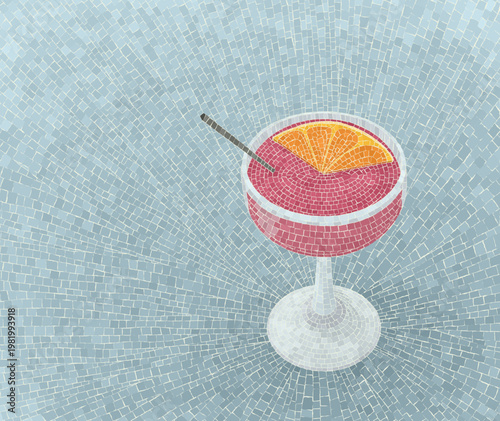 Mosaic art vector red cocktail with orange slice and straw