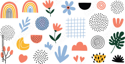Abstract Scandinavian Style Shapes and Floral Elements Collection with Rainbows, Leaves, Dots, and Modern Minimal Vector Design Set