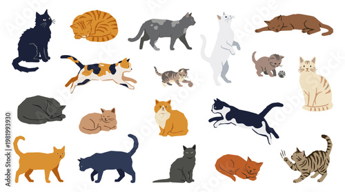 Diverse collection of playful and resting cats in various colors and poses, illustrating feline companionship and domestic pets in a charming artistic style.