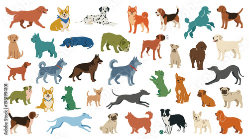 Diverse collection of dog breeds in a playful and colorful flat illustration style, showcasing various breeds and poses