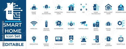 Editable smart home, IoT, and home automation vector icon set. Modern blue technology, security, and smart device symbols.