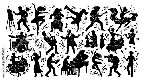 Diverse Artists Performing Music, Dance, Painting  Photography - Black and White Silhouettes