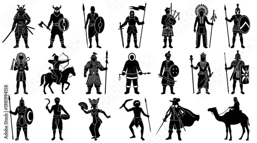 Historical Warriors Silhouette Set - Diverse Cultures  Armies Vector Art