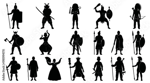 Black  White Silhouette Icons of Diverse Historical Warriors and Figures