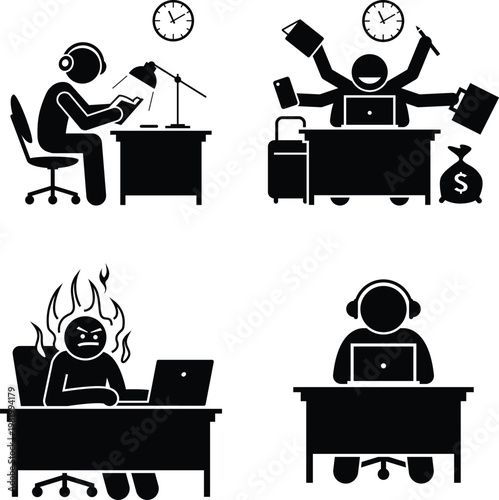 Busy Office Worker, Multitasking, and Corporate Workload Solid Silhouette Icon set.
