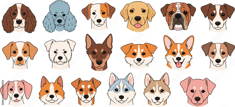 Obraz premium Cute dog faces collection with different breeds cartoon pet portraits colorful flat style animal illustration set isolated on white