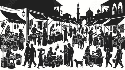 Black and White Market Scene with People and Stalls, Traditional Middle Eastern Vibe